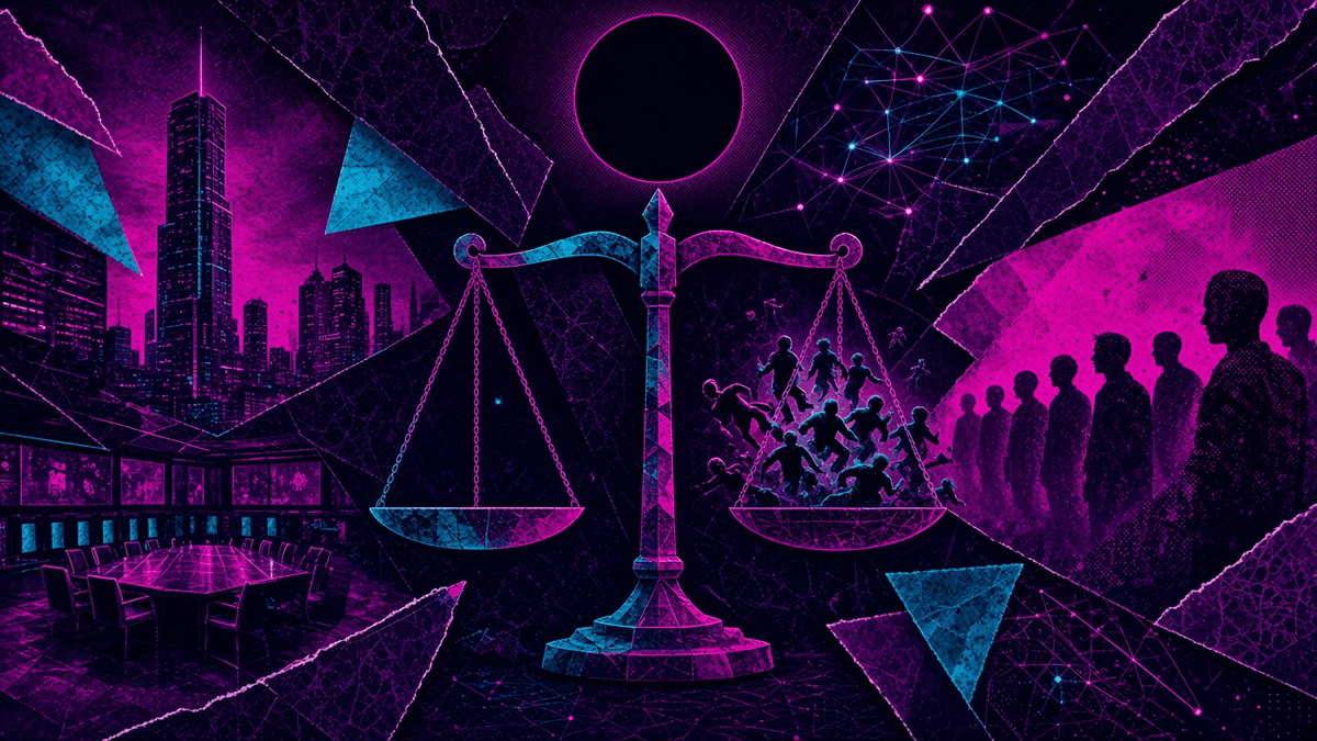 A balance scale with an empty pan and unsettled silhouettes