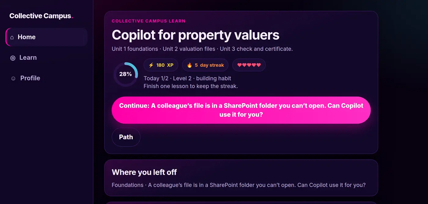 Example learning platform home, with a progress ring and the next lesson