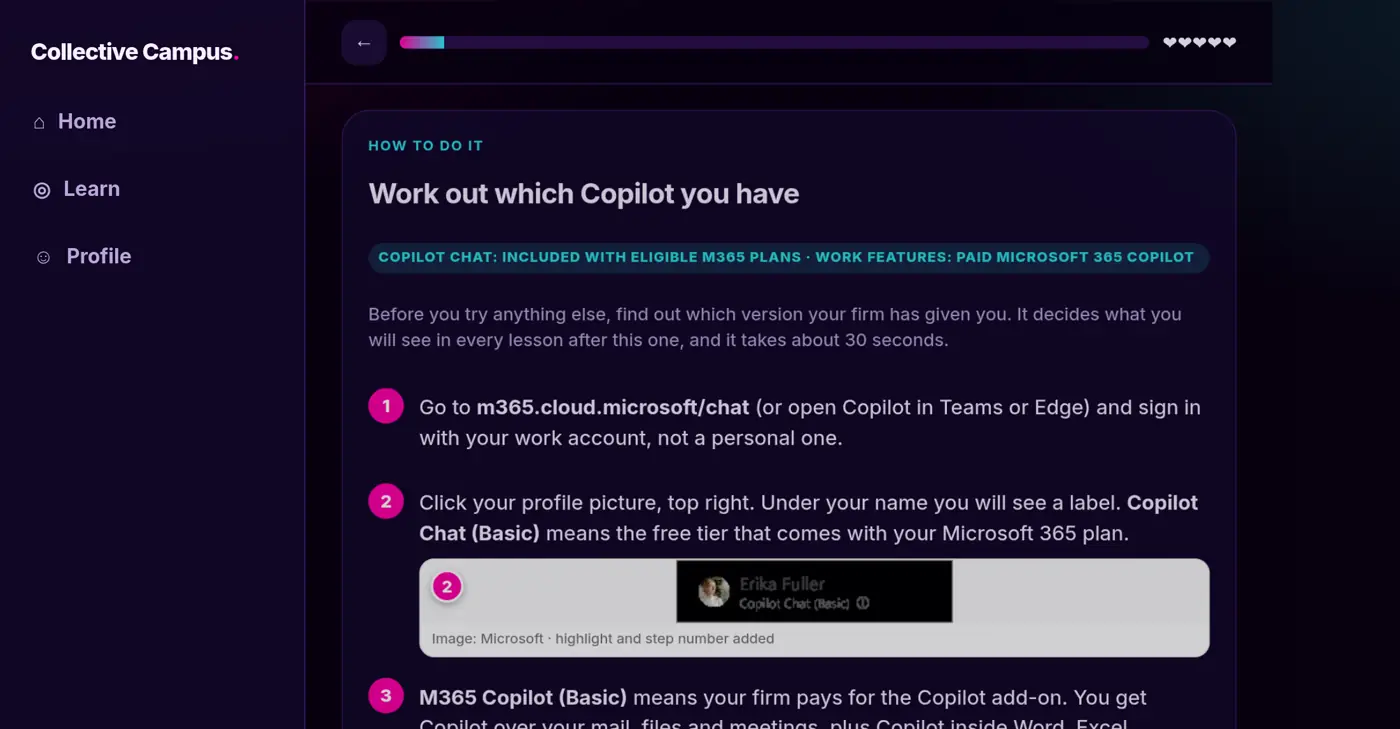 Example lesson with numbered steps for checking which Copilot licence is on the account