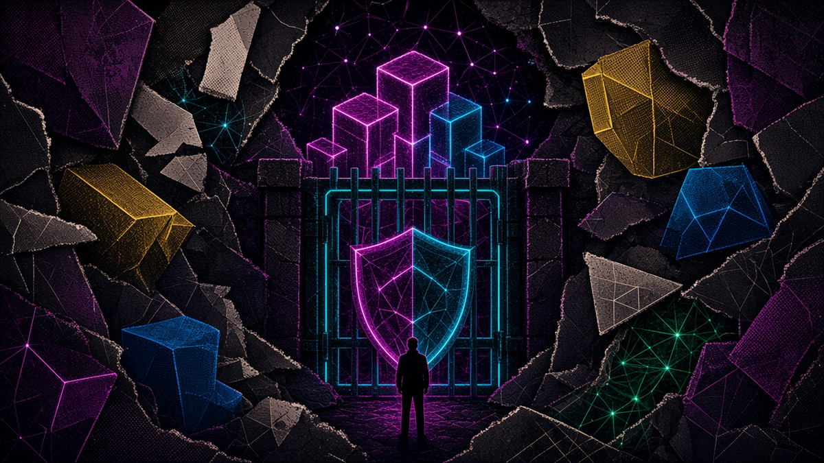 A locked gate in front of a stack of glowing cubes, with a shield woven into the gate