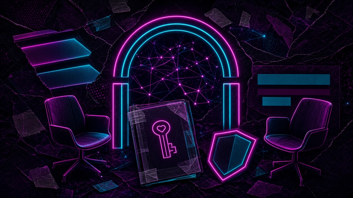 A neon gate in front of a node swarm, with a key and a sealed folder