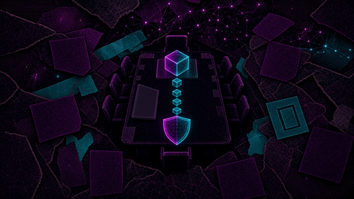 A glowing cube on a boardroom table, with smaller cubes fading along the table and a magenta cyan shield