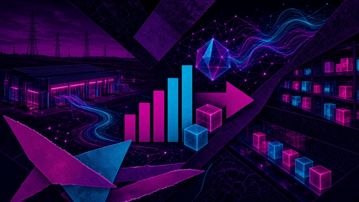 Five rising neon columns, an arrow and a stack of cubes