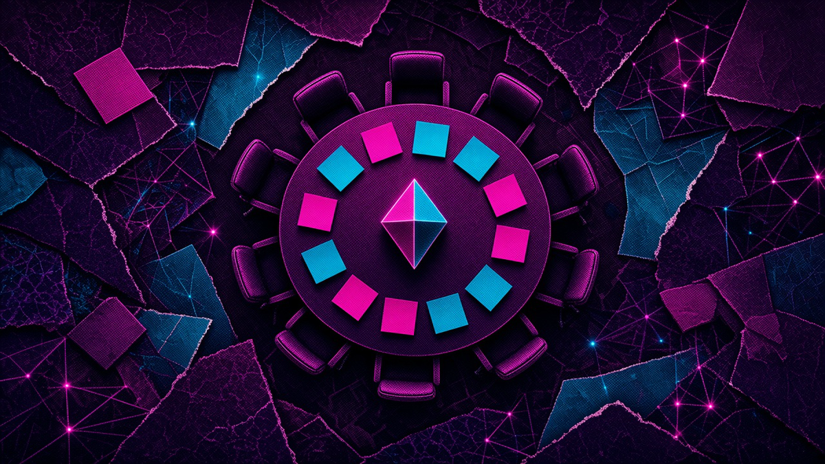 A round table with empty chairs and a circle of sticky notes, in magenta and cyan shards