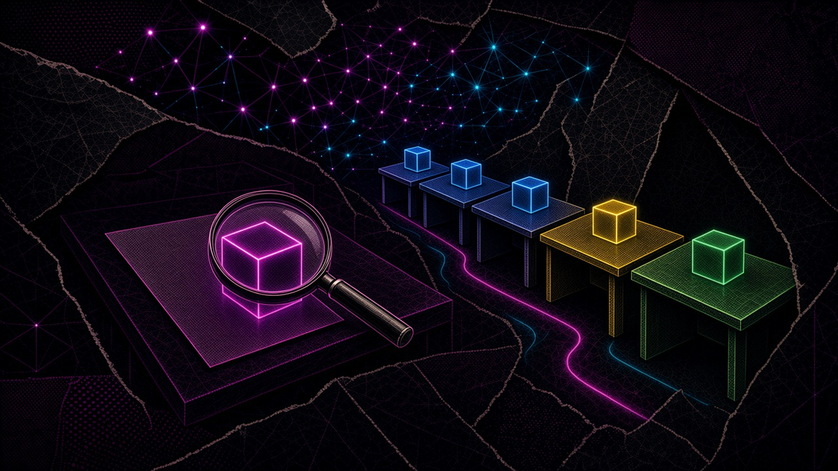 A row of office desks with glowing cubes and a magnifying lens over one sheet