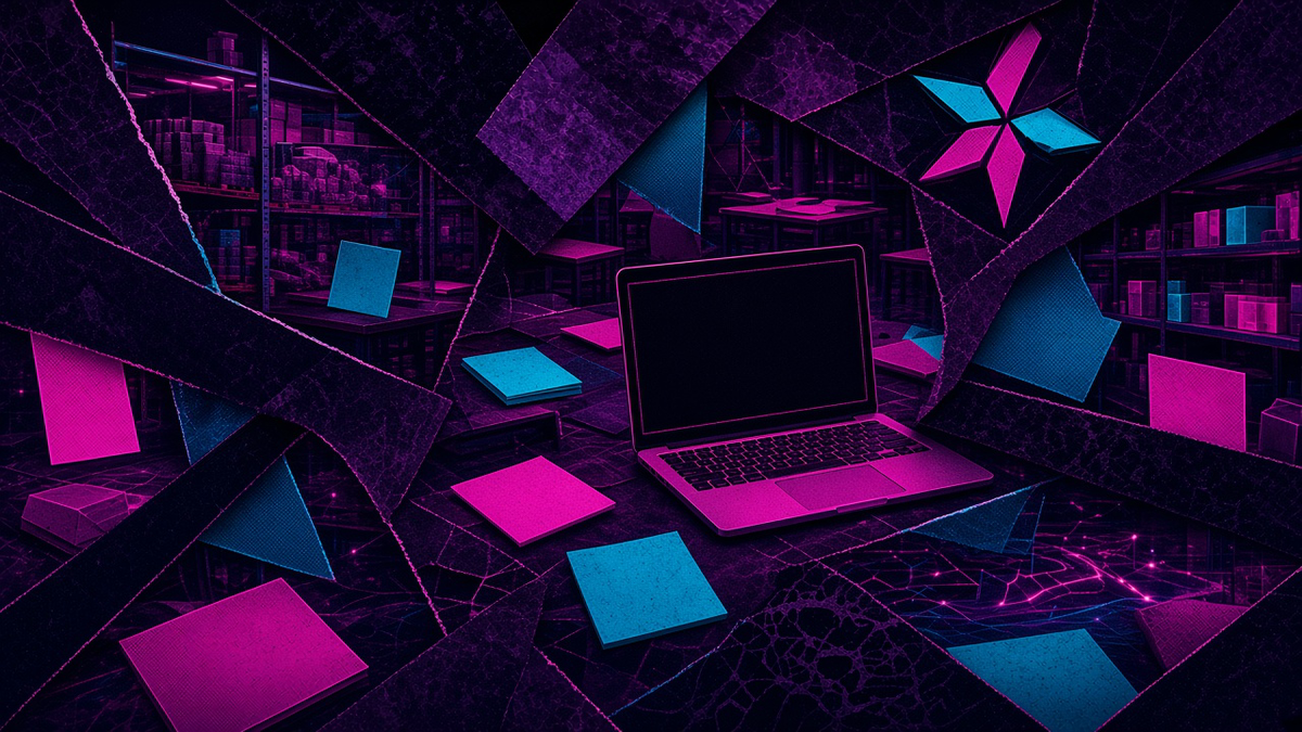 An empty classroom desk beside a glowing laptop and scattered sticky notes, in magenta and cyan shards