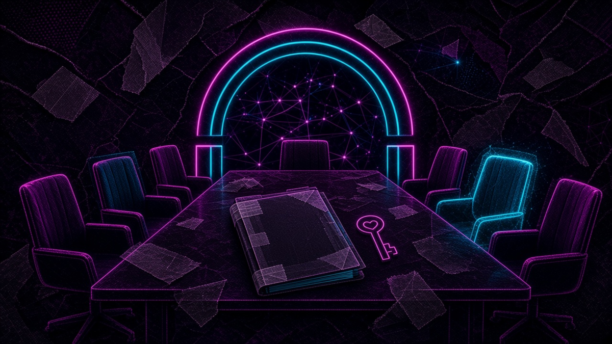 A board table with a sealed folder and a key in front of a node swarm