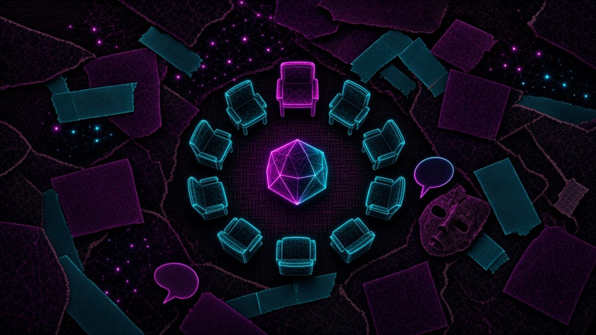 A ring of chairs with one solid magenta seat, a cracked mask set aside, and empty speech ovals