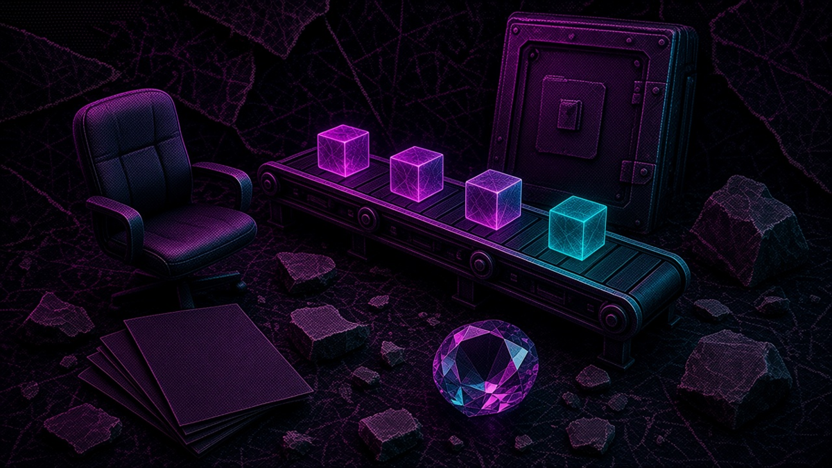 A glowing blank card crossing a dark table toward an empty chair, with a fading cyan path and a magenta gem
