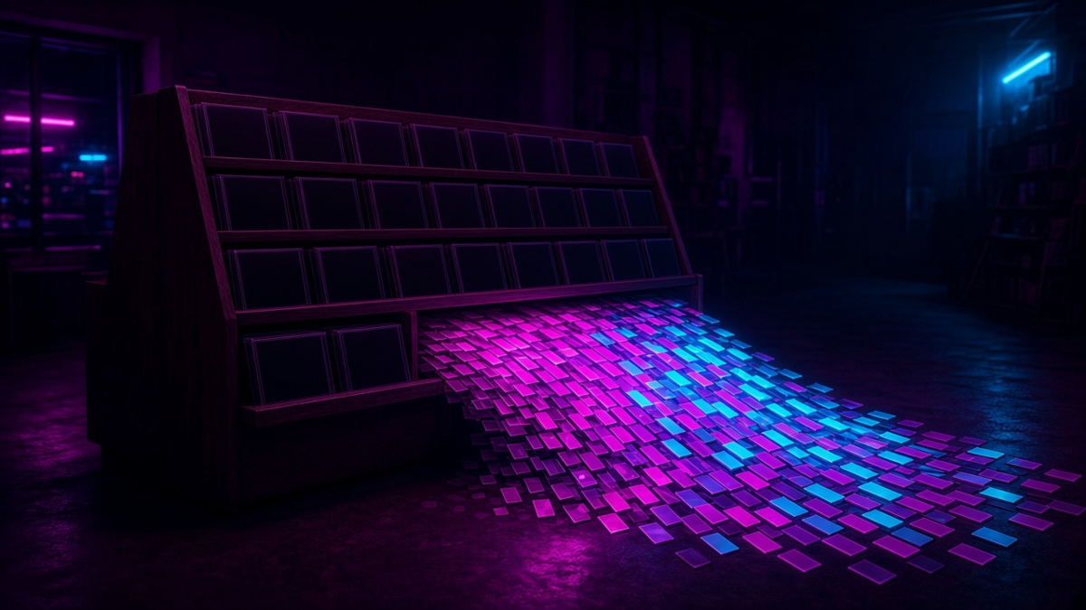 A dim record store CD rack with glowing tiles spilling from the shelf