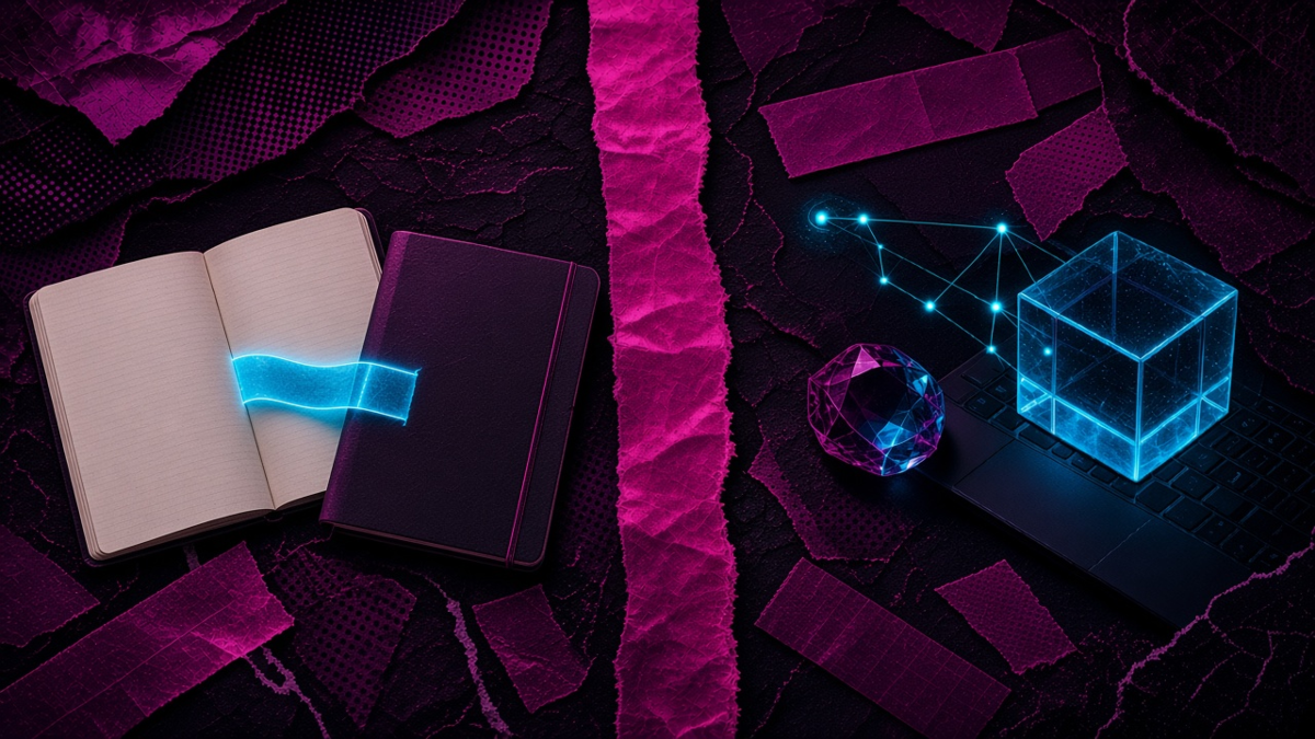A bright ribbon of notes fading into a closed folder, beside a dim cube on a keyboard and a magenta stripe