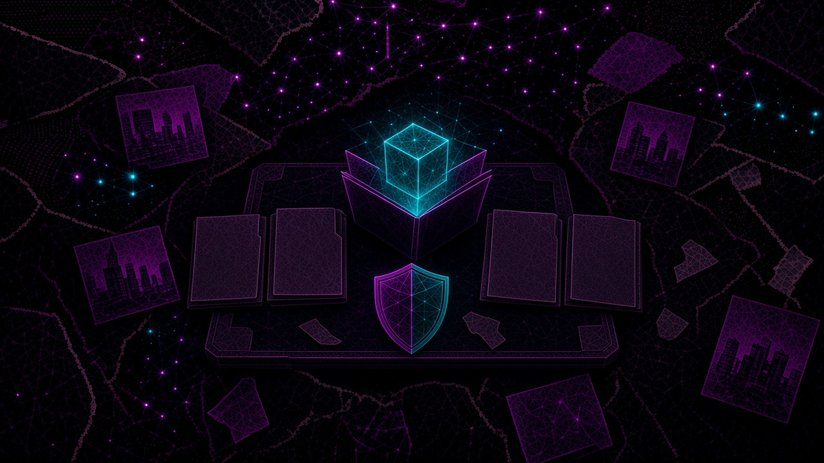 Five blank folders on a boardroom table, one open to a glowing cube, with a magenta cyan shield