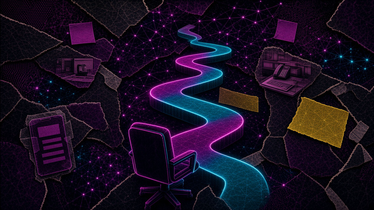 A winding path of glowing steps with one step lit, beside an empty chair and a service counter