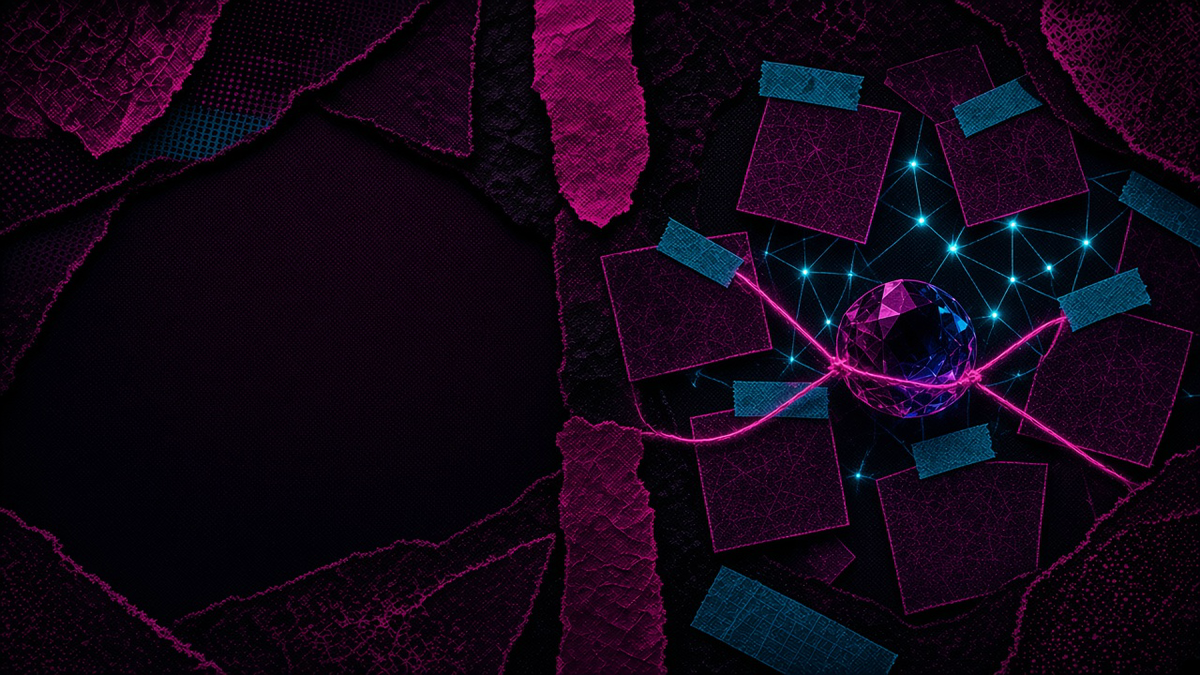 Loose notes on a dark wall drawn into one cluster by a single glowing thread