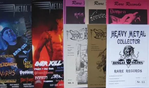 A row of heavy metal magazines and independent fanzines, including Metal Hammer, Rare Records and Heavy Metal Collector.